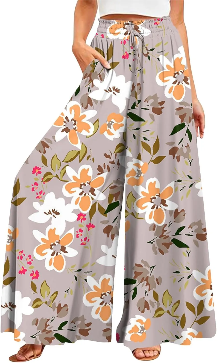 FlekmanArt Women's 2025 Summer Wide Leg Palazzo Pants High Waisted Flowy Pockets Trendy Casual Lounge Boho Beach Trouser