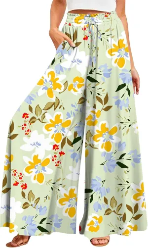 FlekmanArt Women's 2025 Summer Wide Leg Palazzo Pants High Waisted Flowy Pockets Trendy Casual Lounge Boho Beach Trouser