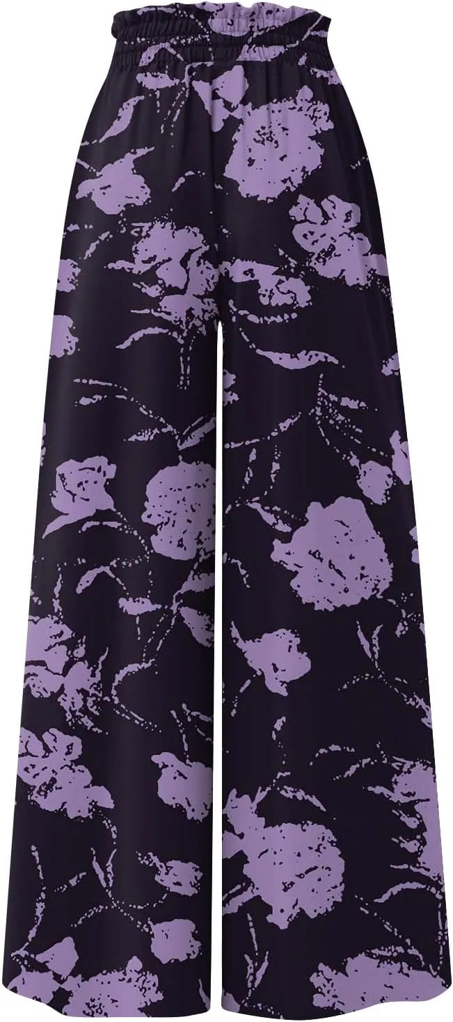 FlekmanArt Women's 2025 Summer Wide Leg Palazzo Pants High Waisted Flowy Pockets Trendy Casual Lounge Boho Beach Trouser