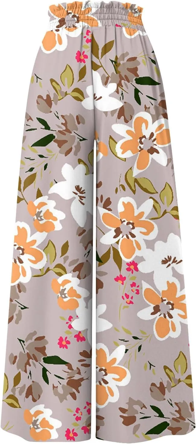 FlekmanArt Women's 2025 Summer Wide Leg Palazzo Pants High Waisted Flowy Pockets Trendy Casual Lounge Boho Beach Trouser