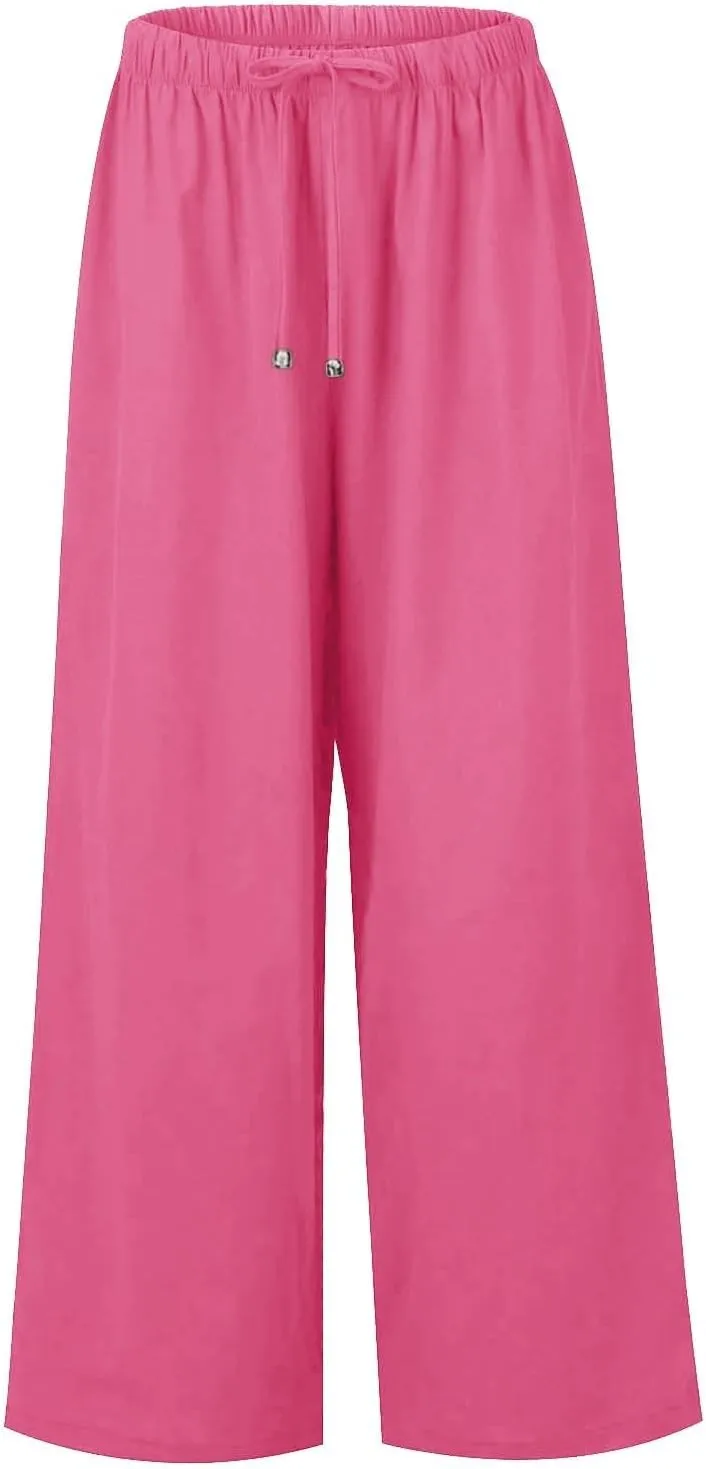 Flowy Linen Pants Women Summer Casual Loose Boho Beach Pants Drawstring High Waisted Palazzo Pants Beach Trousers