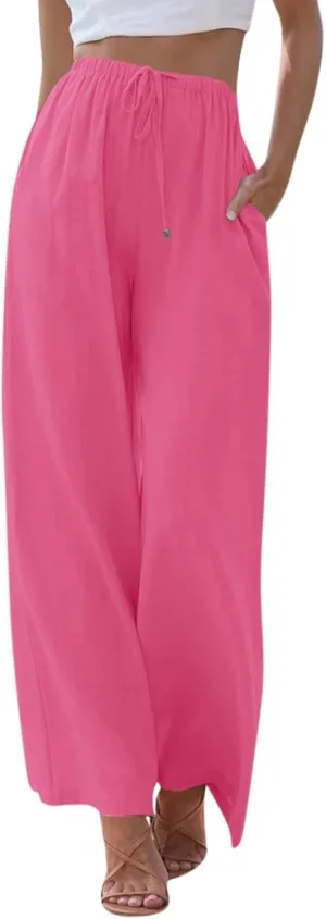 Flowy Linen Pants Women Summer Casual Loose Boho Beach Pants Drawstring High Waisted Palazzo Pants Beach Trousers