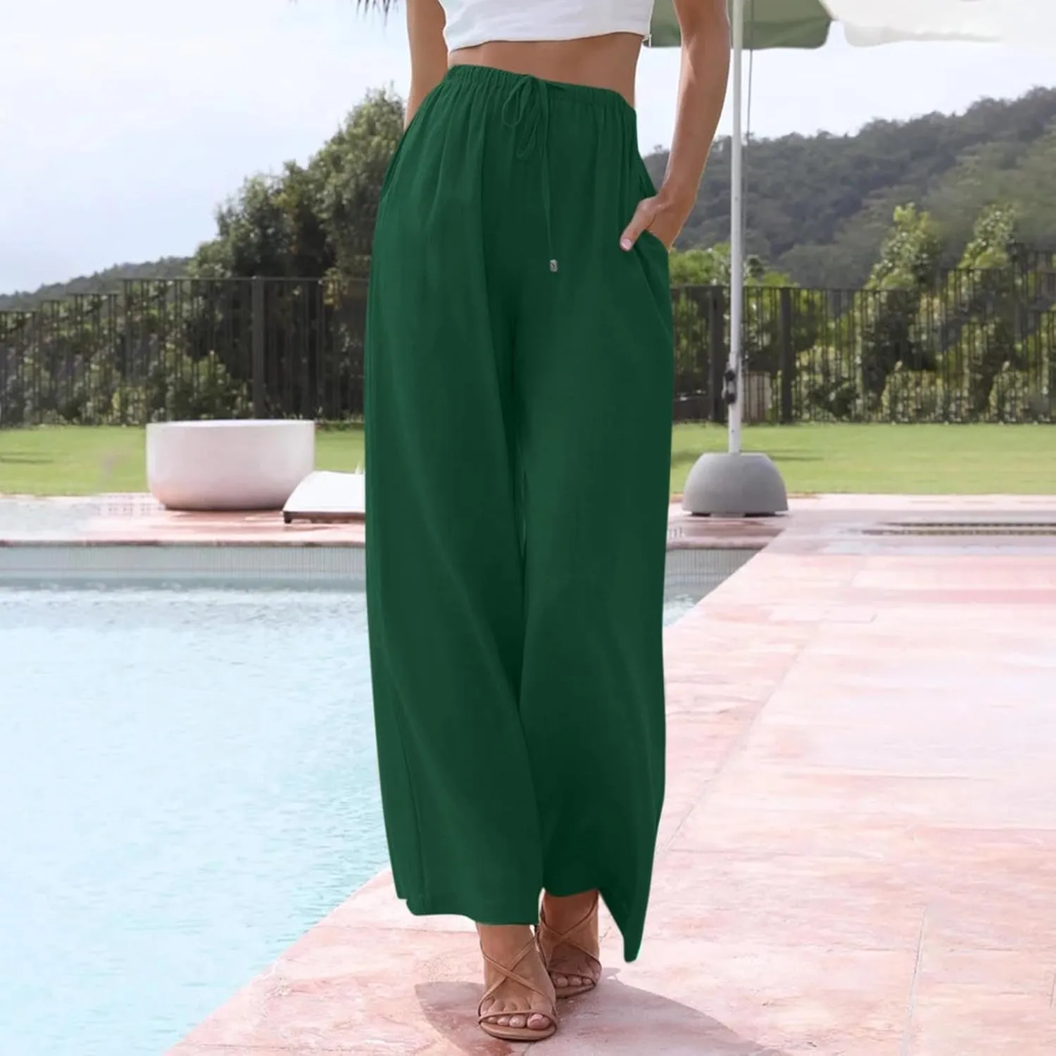 Flowy Linen Pants Women Summer Casual Loose Boho Beach Pants Drawstring High Waisted Palazzo Pants Beach Trousers