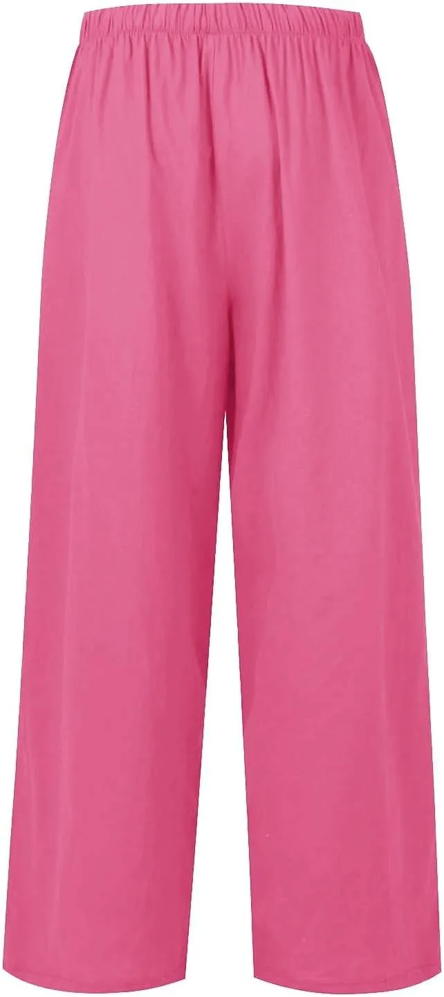 Flowy Linen Pants Women Summer Casual Loose Boho Beach Pants Drawstring High Waisted Palazzo Pants Beach Trousers