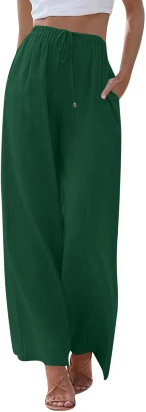 Flowy Linen Pants Women Summer Casual Loose Boho Beach Pants Drawstring High Waisted Palazzo Pants Beach Trousers