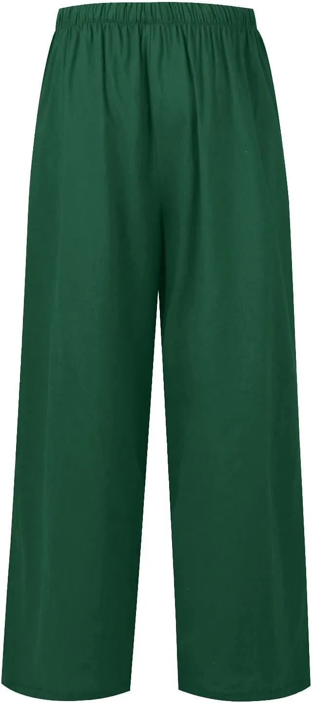 Flowy Linen Pants Women Summer Casual Loose Boho Beach Pants Drawstring High Waisted Palazzo Pants Beach Trousers