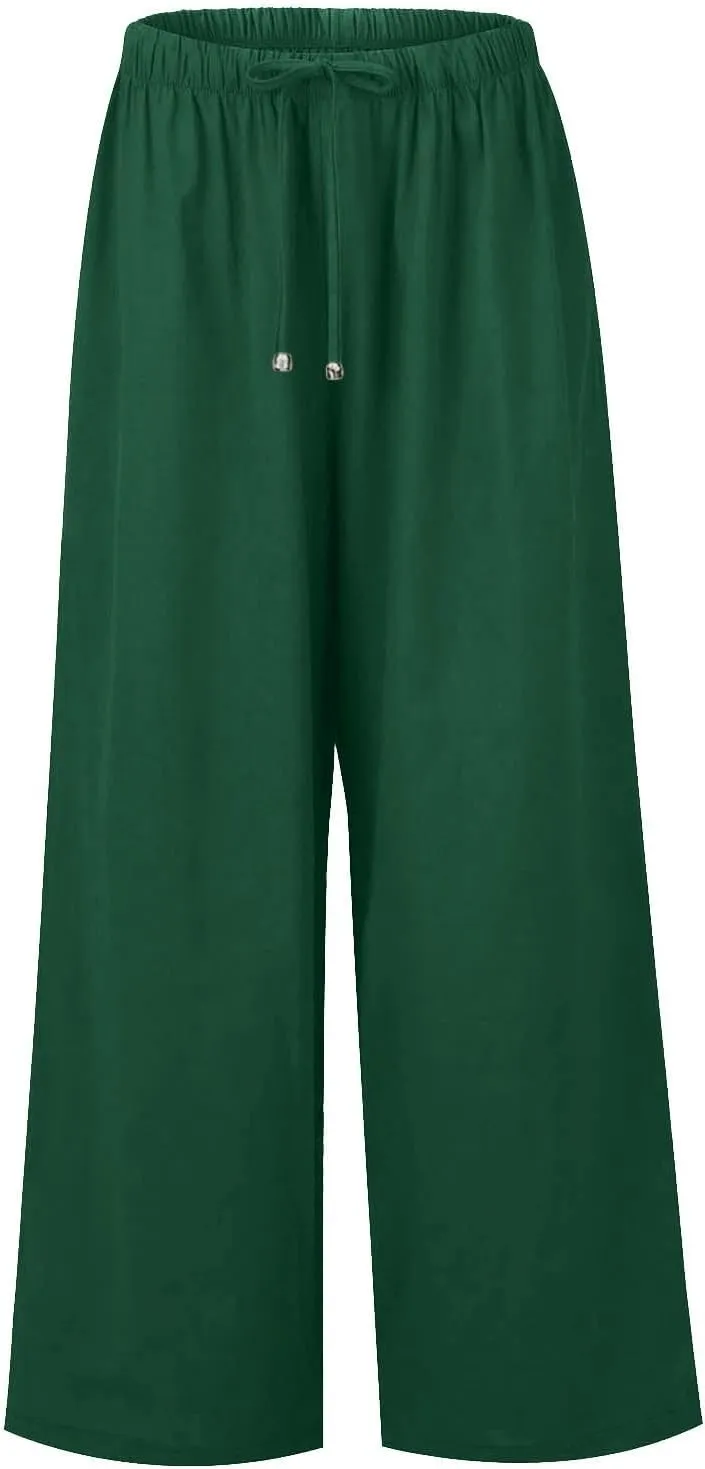 Flowy Linen Pants Women Summer Casual Loose Boho Beach Pants Drawstring High Waisted Palazzo Pants Beach Trousers