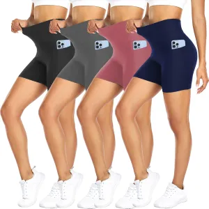 FULLSOFT 4 Pack Biker Shorts for Women with Pockets  5" High Waisted Tummy Control Workout Yoga Running Gym Tennis Shorts