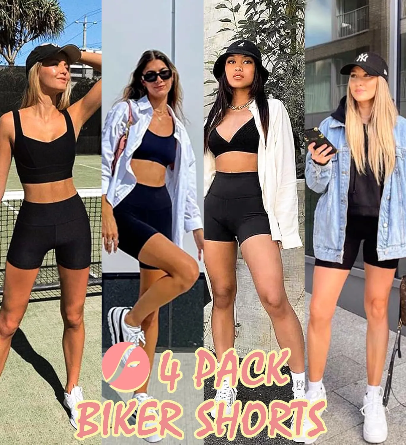 FULLSOFT 4 Pack Biker Shorts for Women with Pockets  5" High Waisted Tummy Control Workout Yoga Running Gym Tennis Shorts
