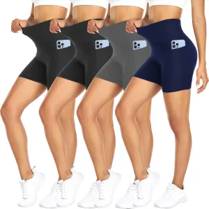 FULLSOFT 4 Pack Biker Shorts for Women with Pockets  5" High Waisted Tummy Control Workout Yoga Running Gym Tennis Shorts