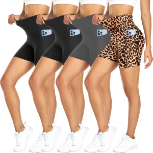 FULLSOFT 4 Pack Biker Shorts for Women with Pockets  5" High Waisted Tummy Control Workout Yoga Running Gym Tennis Shorts