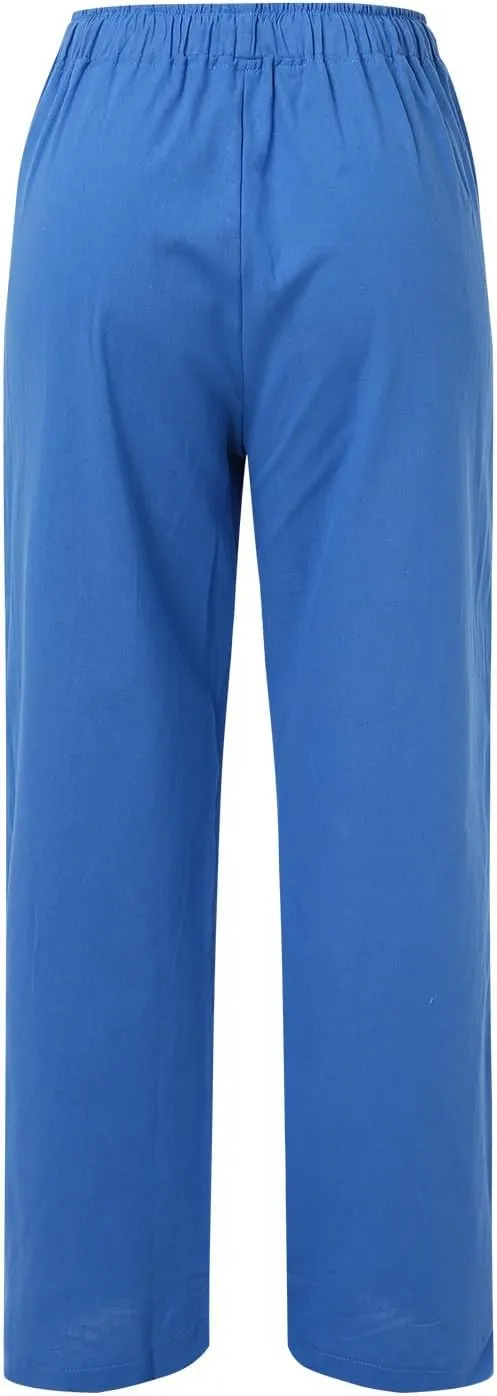 FZVYD Women's Cotton Linen Pants 2024 Summer Wide Leg Casual Loose Drawstring Low Waist Palazzo Pants Trousers with Pockets