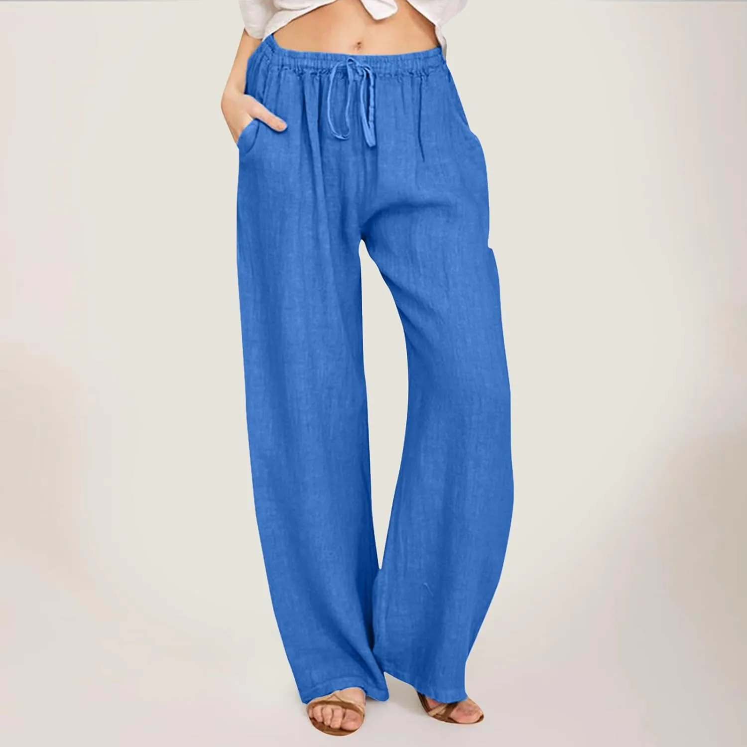 FZVYD Women's Cotton Linen Pants 2024 Summer Wide Leg Casual Loose Drawstring Low Waist Palazzo Pants Trousers with Pockets
