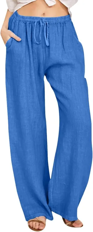 FZVYD Women's Cotton Linen Pants 2024 Summer Wide Leg Casual Loose Drawstring Low Waist Palazzo Pants Trousers with Pockets