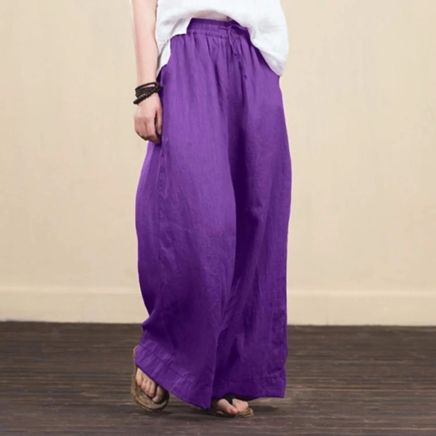 FZYLQY Cotton Linen Pants for Women 2025 Wide Leg Trousers Loose Fit Elastic Waist Casual Summer Lounge Palazzo Pants