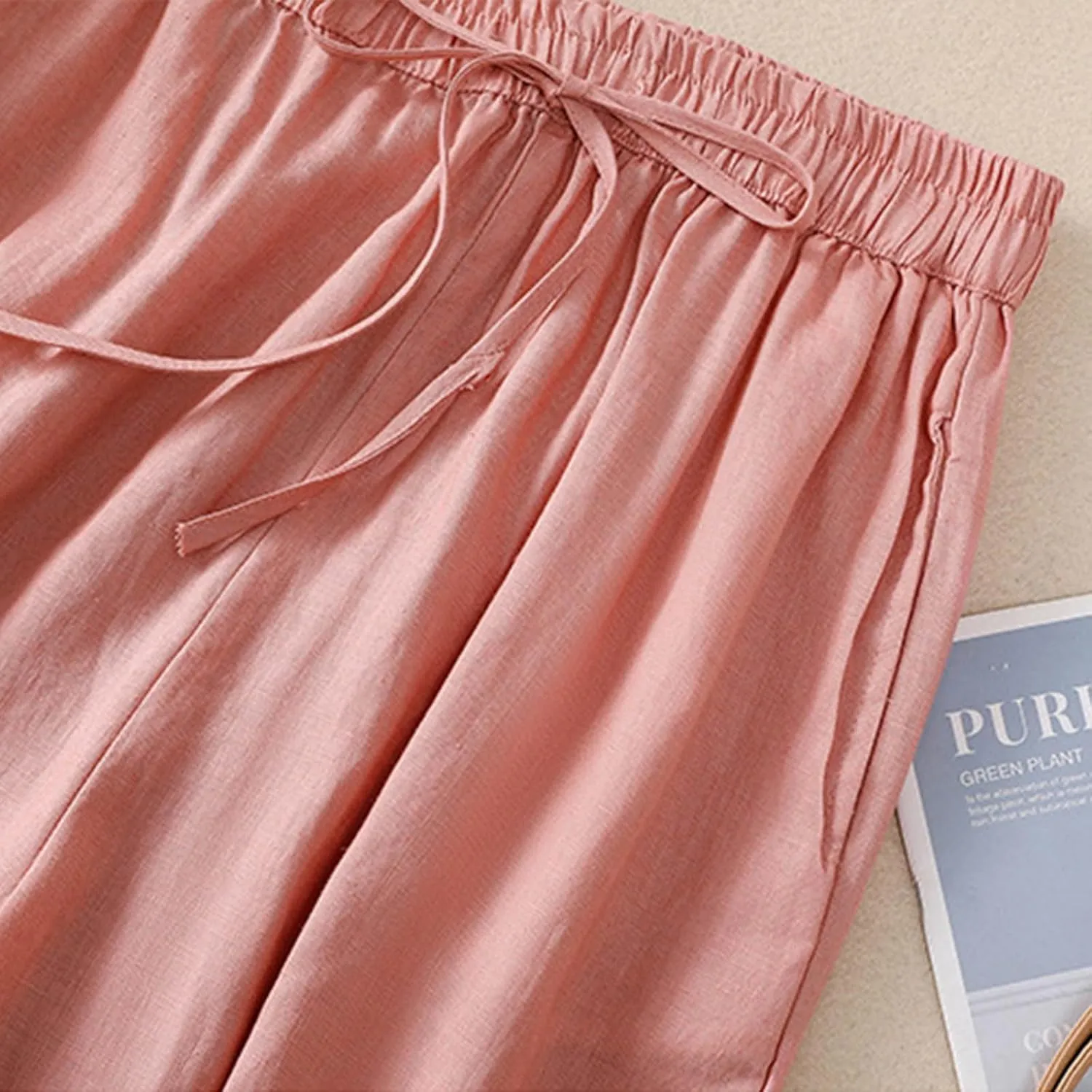 FZYLQY Drawstring Linen Pants for Women Elastic Waist Cotton Blend Trousers Loose Fit Button Hem Harem Slacks 2025