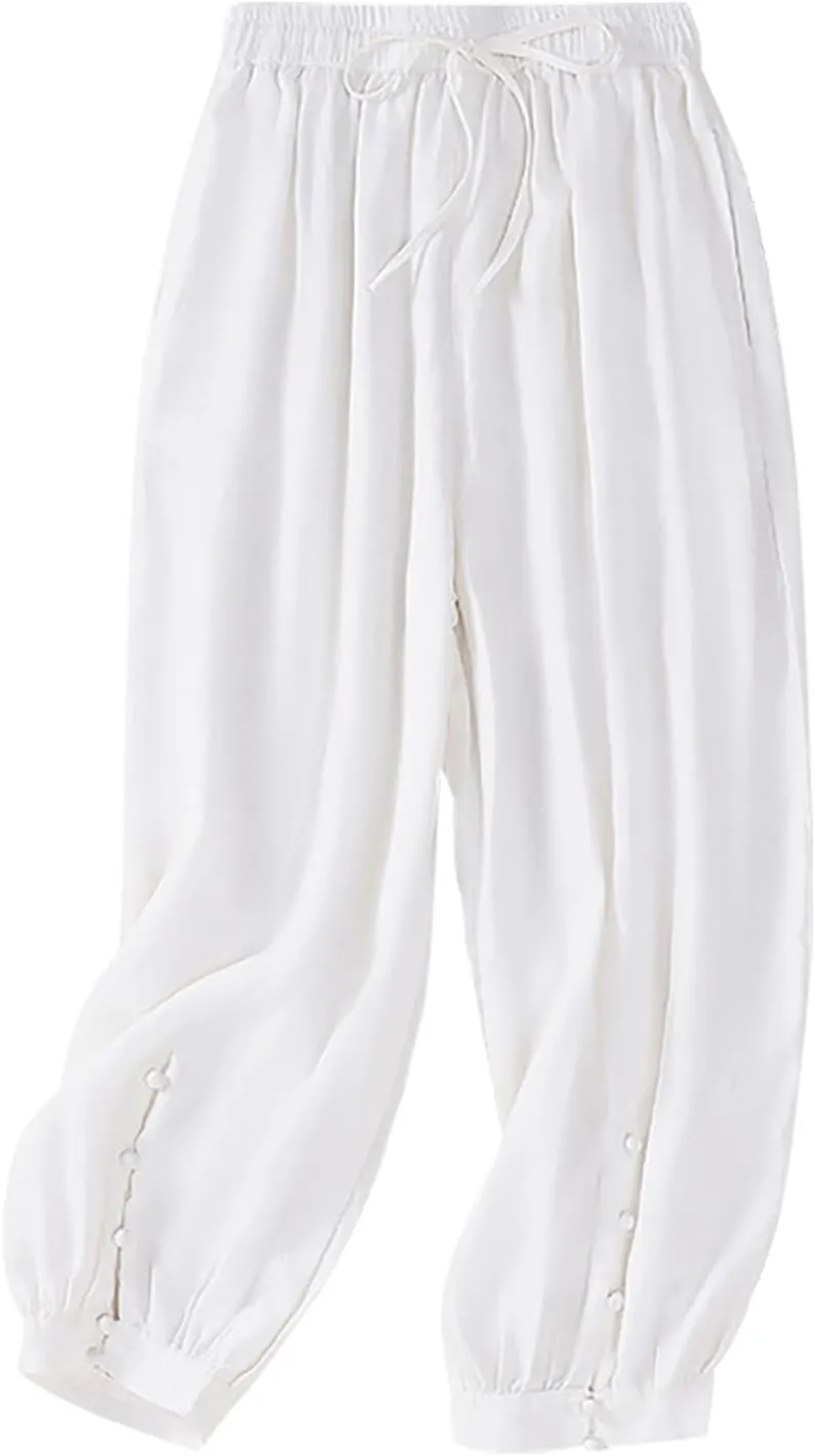 FZYLQY Drawstring Linen Pants for Women Elastic Waist Cotton Blend Trousers Loose Fit Button Hem Harem Slacks 2025