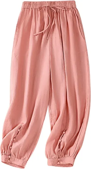 FZYLQY Drawstring Linen Pants for Women Elastic Waist Cotton Blend Trousers Loose Fit Button Hem Harem Slacks 2025