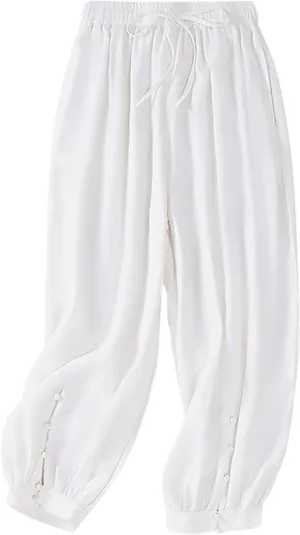 FZYLQY Drawstring Linen Pants for Women Elastic Waist Cotton Blend Trousers Loose Fit Button Hem Harem Slacks 2025