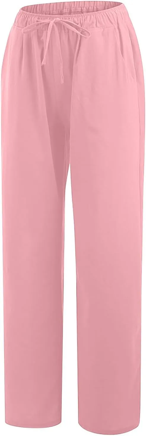 FZYLQY Drawstring Linen Trousers for Women Cotton Blend Straight Leg Pants Loose Fit Casual Wide Leg Slacks with Pockets