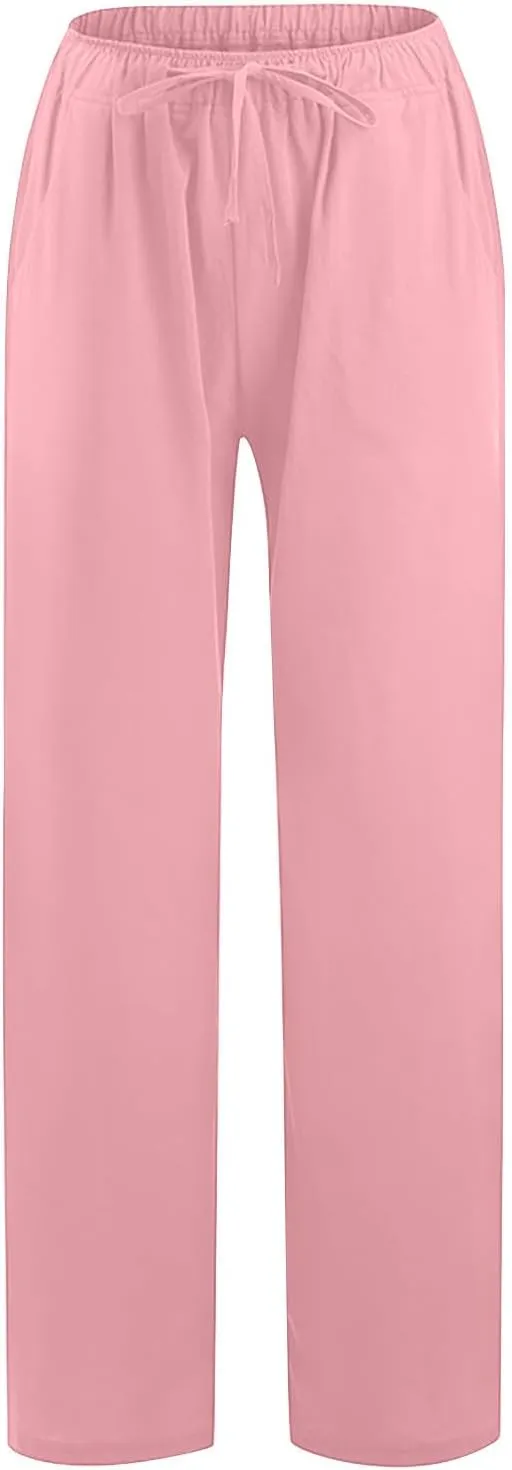 FZYLQY Drawstring Linen Trousers for Women Cotton Blend Straight Leg Pants Loose Fit Casual Wide Leg Slacks with Pockets