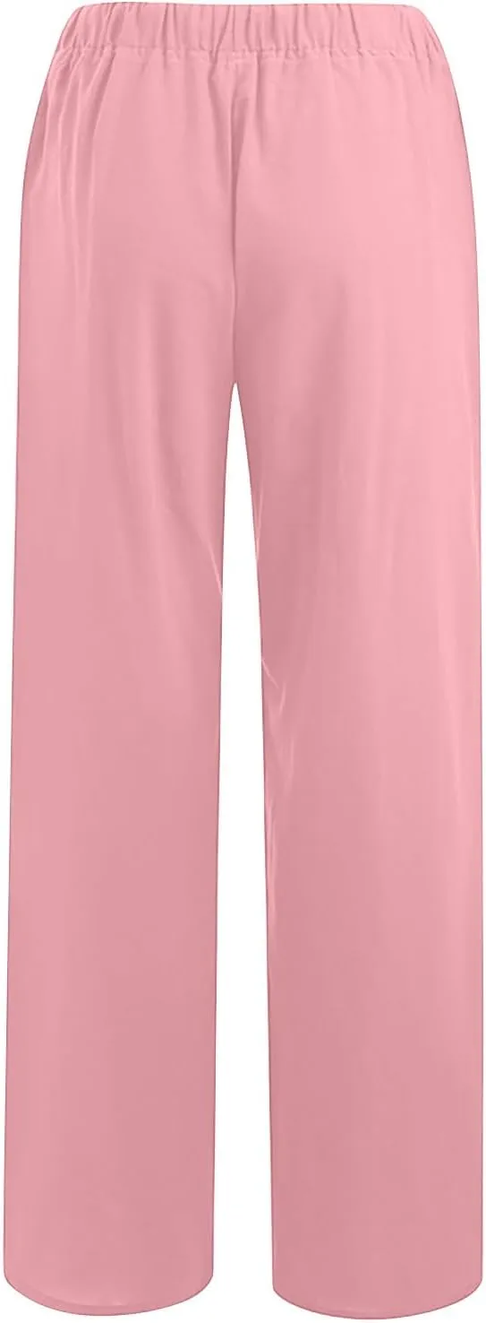 FZYLQY Drawstring Linen Trousers for Women Cotton Blend Straight Leg Pants Loose Fit Casual Wide Leg Slacks with Pockets