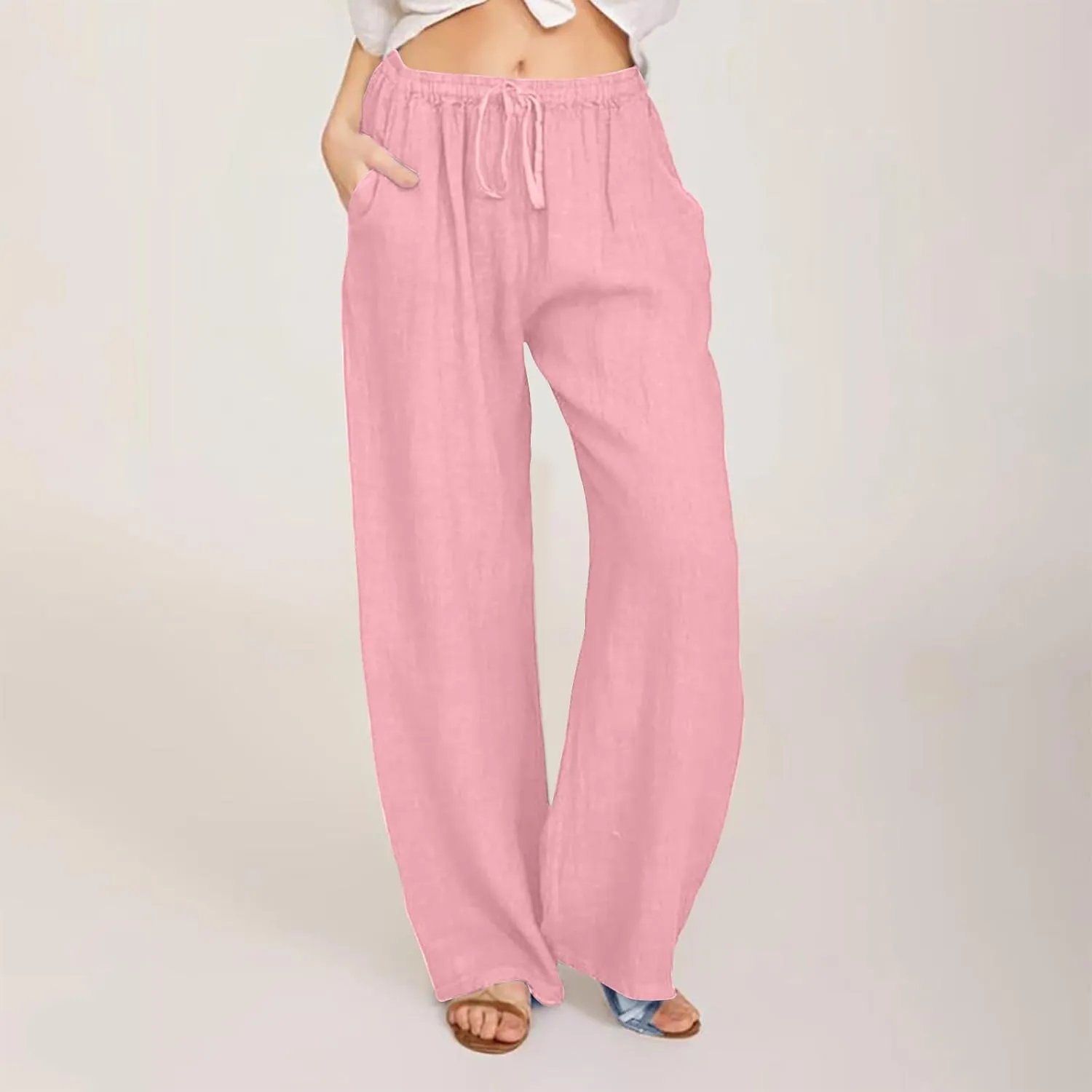 FZYLQY Drawstring Linen Trousers for Women Cotton Blend Straight Leg Pants Loose Fit Casual Wide Leg Slacks with Pockets