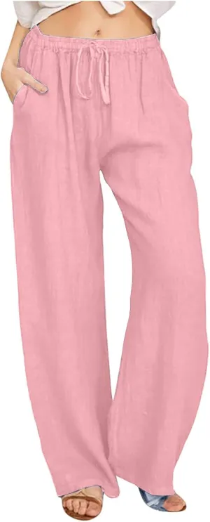 FZYLQY Drawstring Linen Trousers for Women Cotton Blend Straight Leg Pants Loose Fit Casual Wide Leg Slacks with Pockets