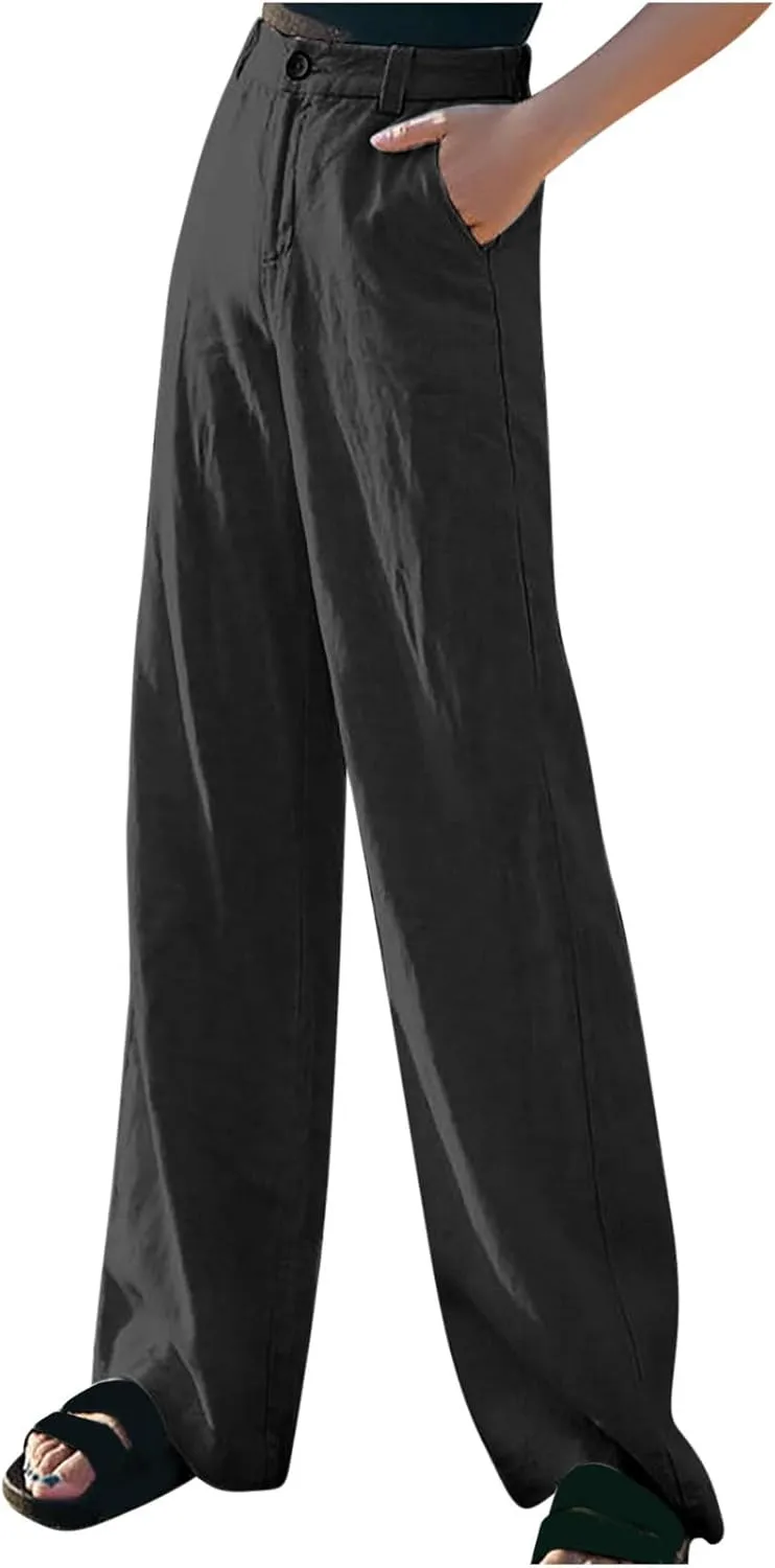 FZYLQY High Waist Wide Leg Trousers for Women Cotton Linen Dress Pants with Pockets Button Zip Slacks Office Style