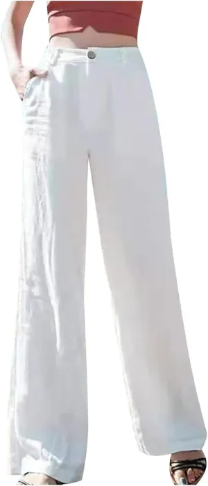 FZYLQY High-Waisted Linen Pants for Women with Pockets Wide Leg Trousers for Summer Casual Loose Fit Bottoms