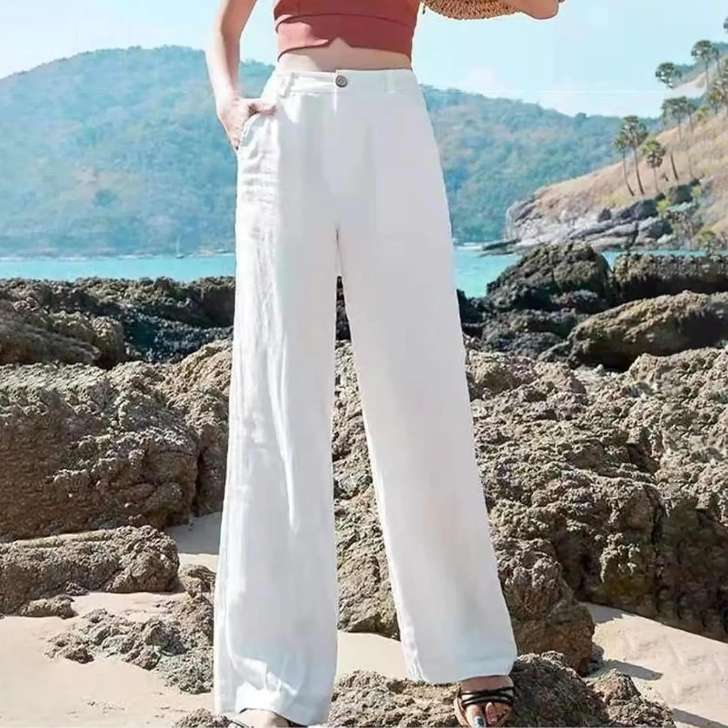 FZYLQY High-Waisted Linen Pants for Women with Pockets Wide Leg Trousers for Summer Casual Loose Fit Bottoms