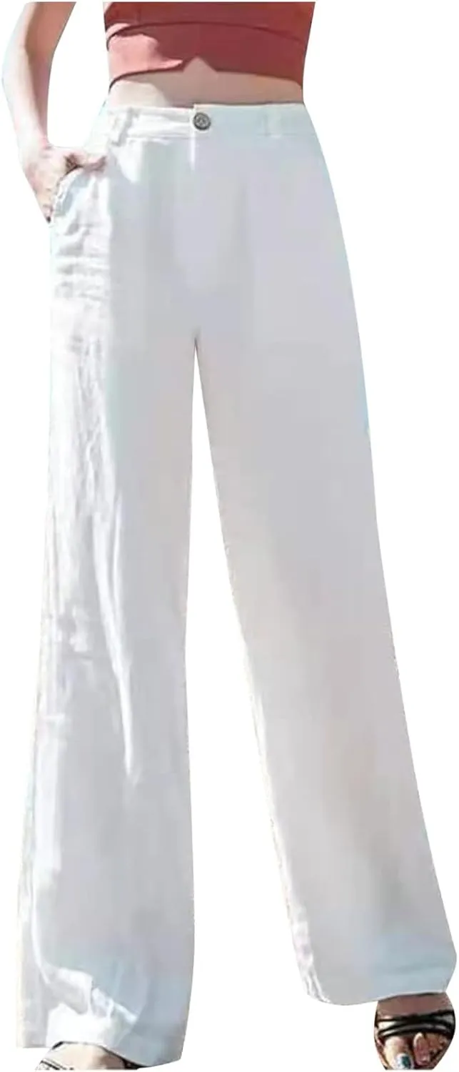 FZYLQY High-Waisted Linen Pants for Women with Pockets Wide Leg Trousers for Summer Casual Loose Fit Bottoms