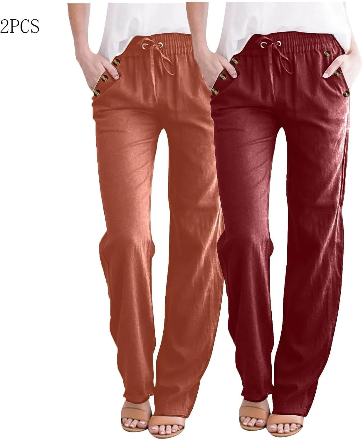 FZYLQY Ladies Linen Straight Leg Trousers High Rise Drawstring Button Pocket Pants Lightweight Slacks for Summer 2025