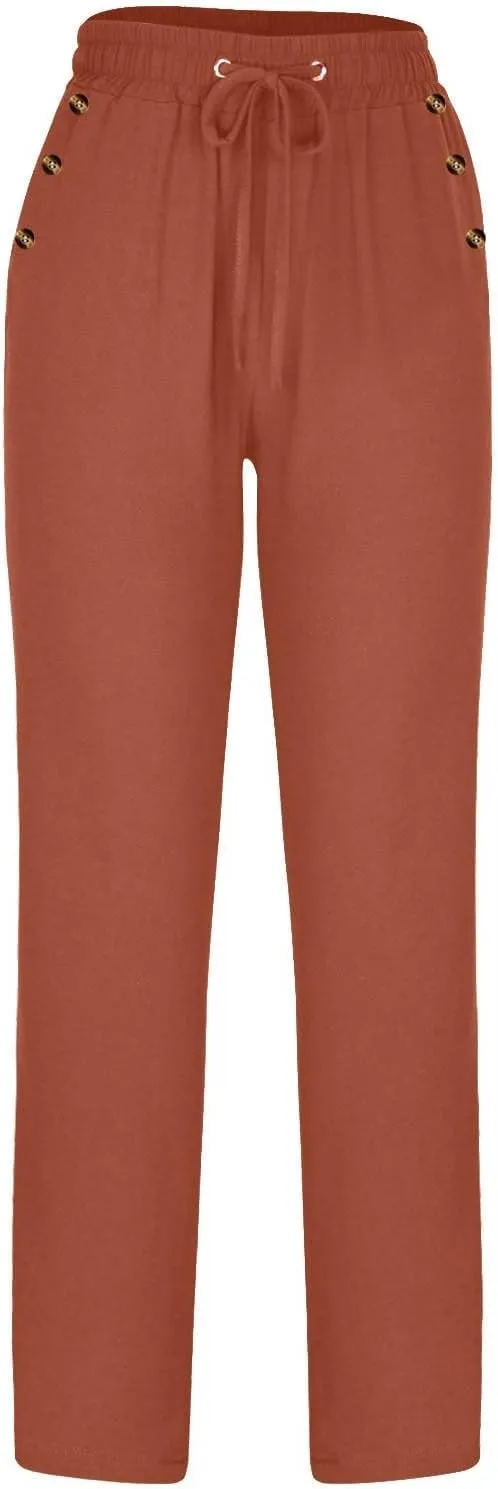 FZYLQY Ladies Linen Straight Leg Trousers High Rise Drawstring Button Pocket Pants Lightweight Slacks for Summer 2025