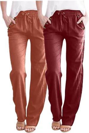 FZYLQY Ladies Linen Straight Leg Trousers High Rise Drawstring Button Pocket Pants Lightweight Slacks for Summer 2025