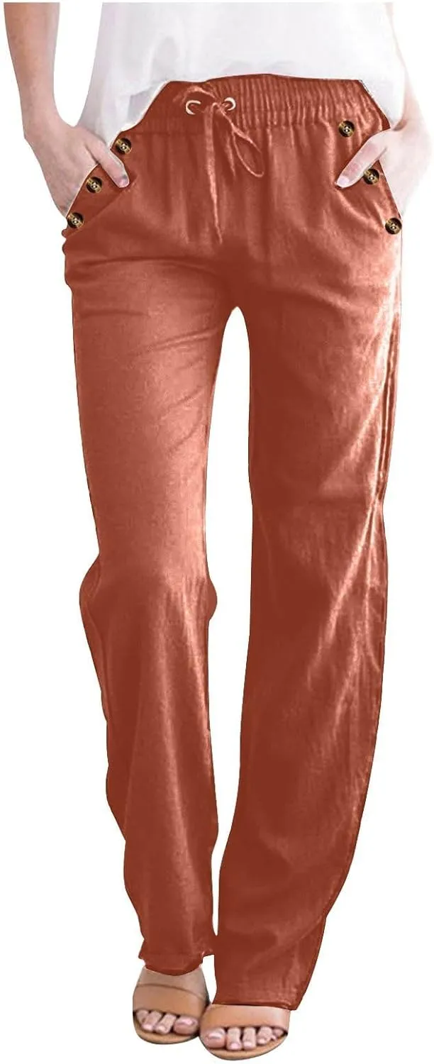 FZYLQY Ladies Linen Straight Leg Trousers High Rise Drawstring Button Pocket Pants Lightweight Slacks for Summer 2025
