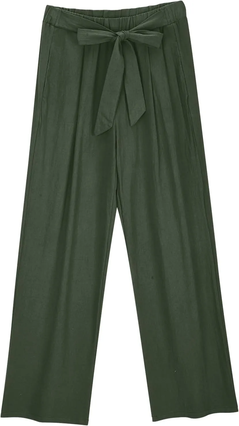 FZYLQY Womens High-Waisted Linen Trousers with Bow Tie Elastic Waist Casual Wide-Leg Pants for Spring and Summer 2025