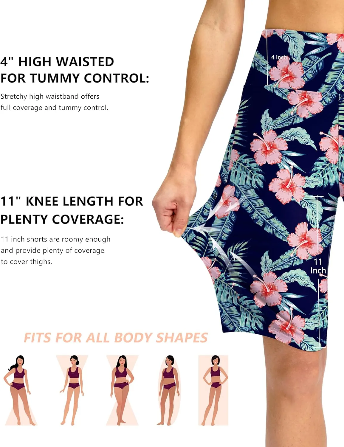 G Gradual Women's 11" Long Swim Board Shorts High Waisted Knee Length Beach Swimming Shorts for Women with Pockets Liner