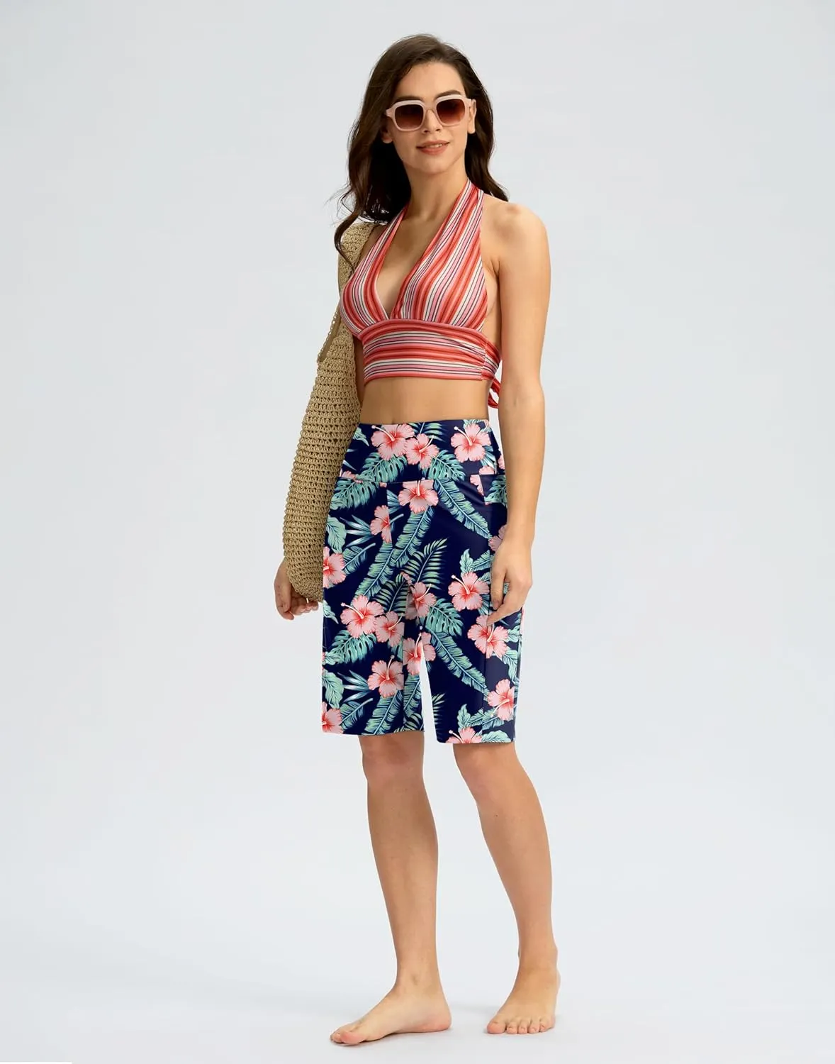 G Gradual Women's 11" Long Swim Board Shorts High Waisted Knee Length Beach Swimming Shorts for Women with Pockets Liner