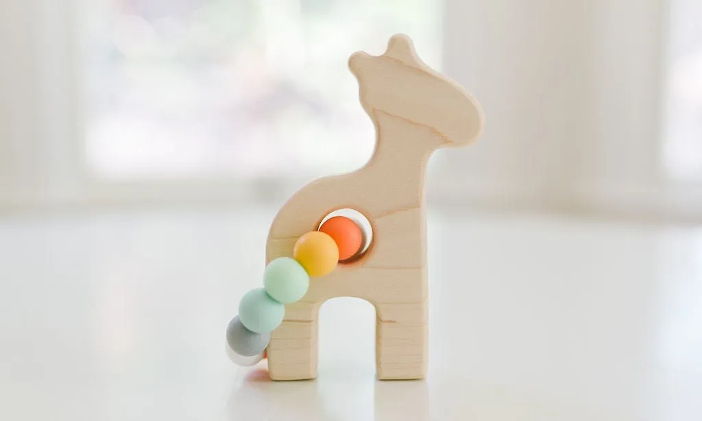 Giraffe Wooden Baby Grasping Toy with Teething Beads