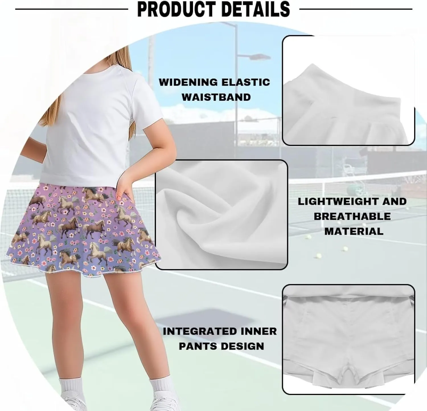 Girls' Sport Skirts 2-in-1 Tennis Running Skorts with Built-in Shorts Quickly Dry and Breathable