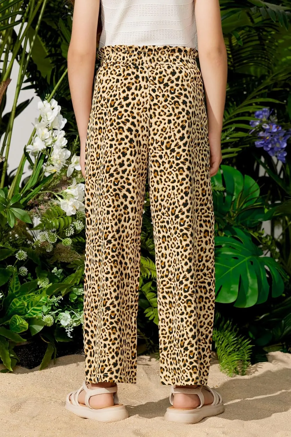 Girls Summer Print Drawstring Wide Leg Pants High Waisted Palazzo Pants Lounge Trousers with Lining Pocket 5-14 Years