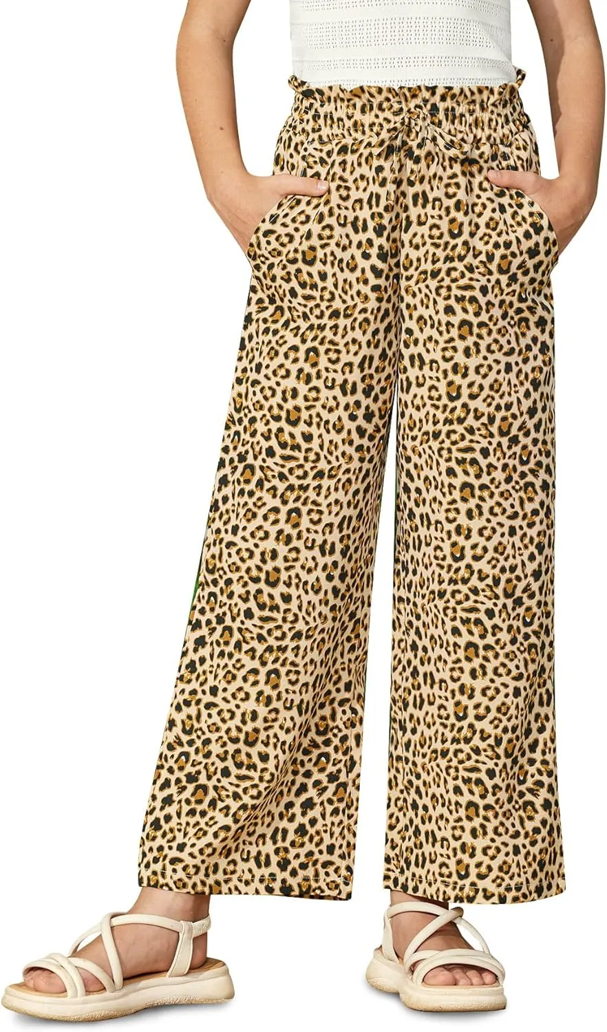 Girls Summer Print Drawstring Wide Leg Pants High Waisted Palazzo Pants Lounge Trousers with Lining Pocket 5-14 Years