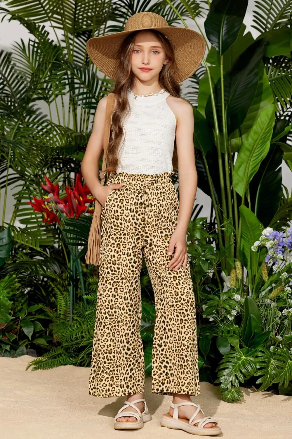 Girls Summer Print Drawstring Wide Leg Pants High Waisted Palazzo Pants Lounge Trousers with Lining Pocket 5-14 Years