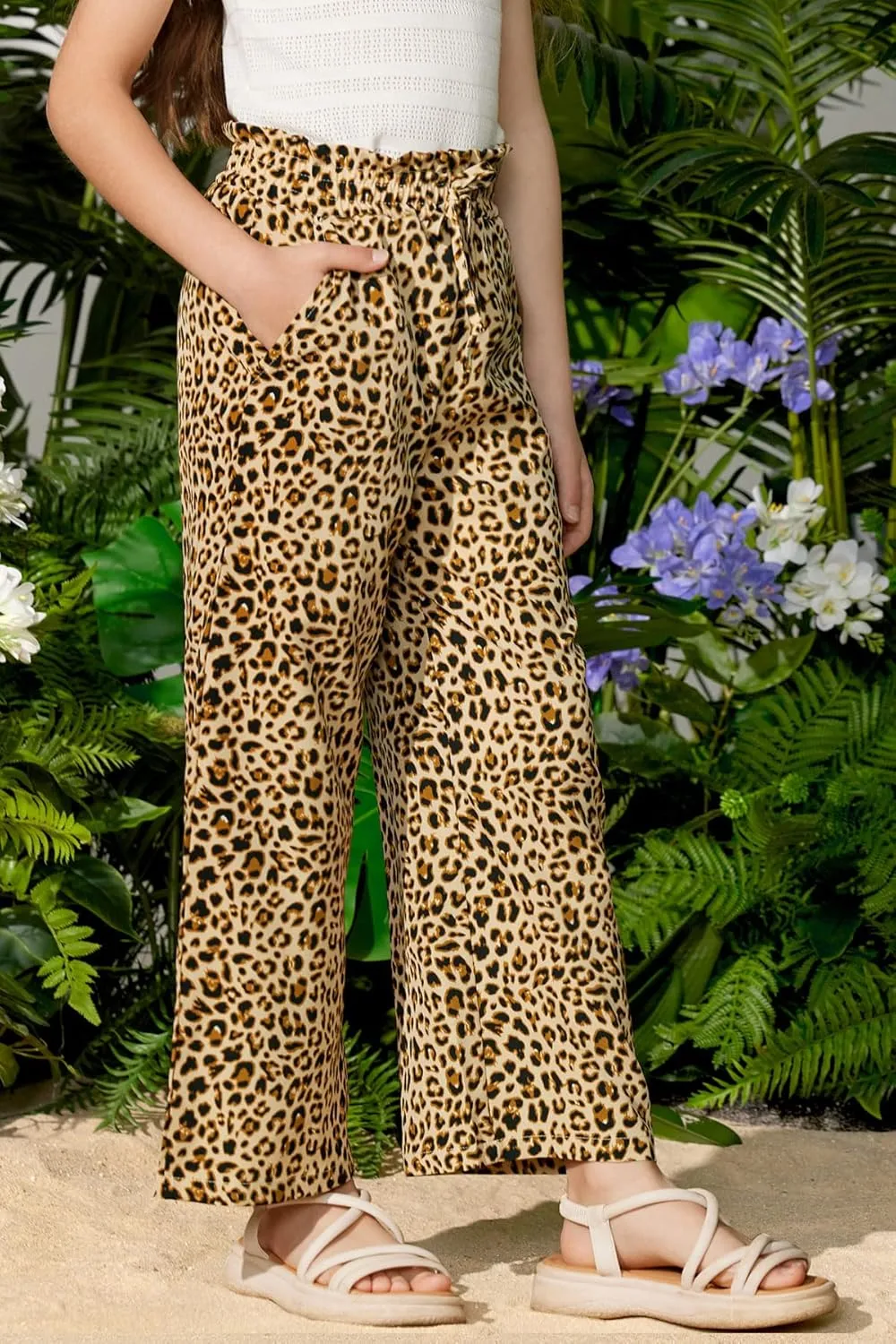 Girls Summer Print Drawstring Wide Leg Pants High Waisted Palazzo Pants Lounge Trousers with Lining Pocket 5-14 Years