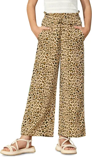 Girls Summer Print Drawstring Wide Leg Pants High Waisted Palazzo Pants Lounge Trousers with Lining Pocket 5-14 Years