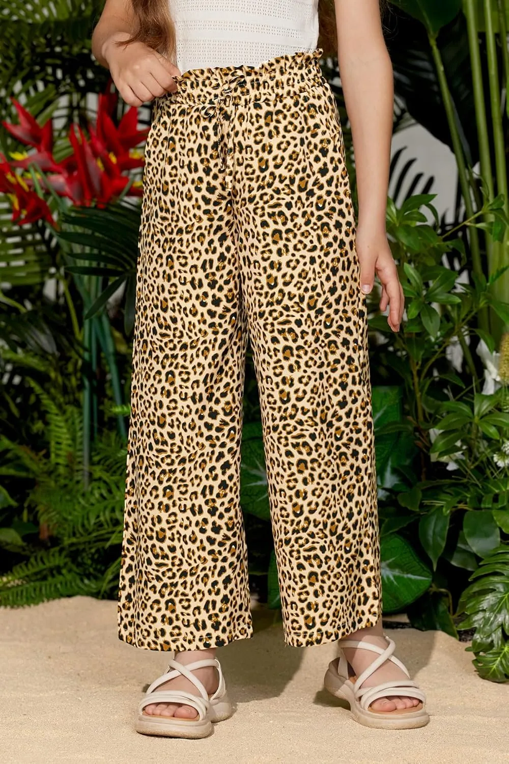 Girls Summer Print Drawstring Wide Leg Pants High Waisted Palazzo Pants Lounge Trousers with Lining Pocket 5-14 Years