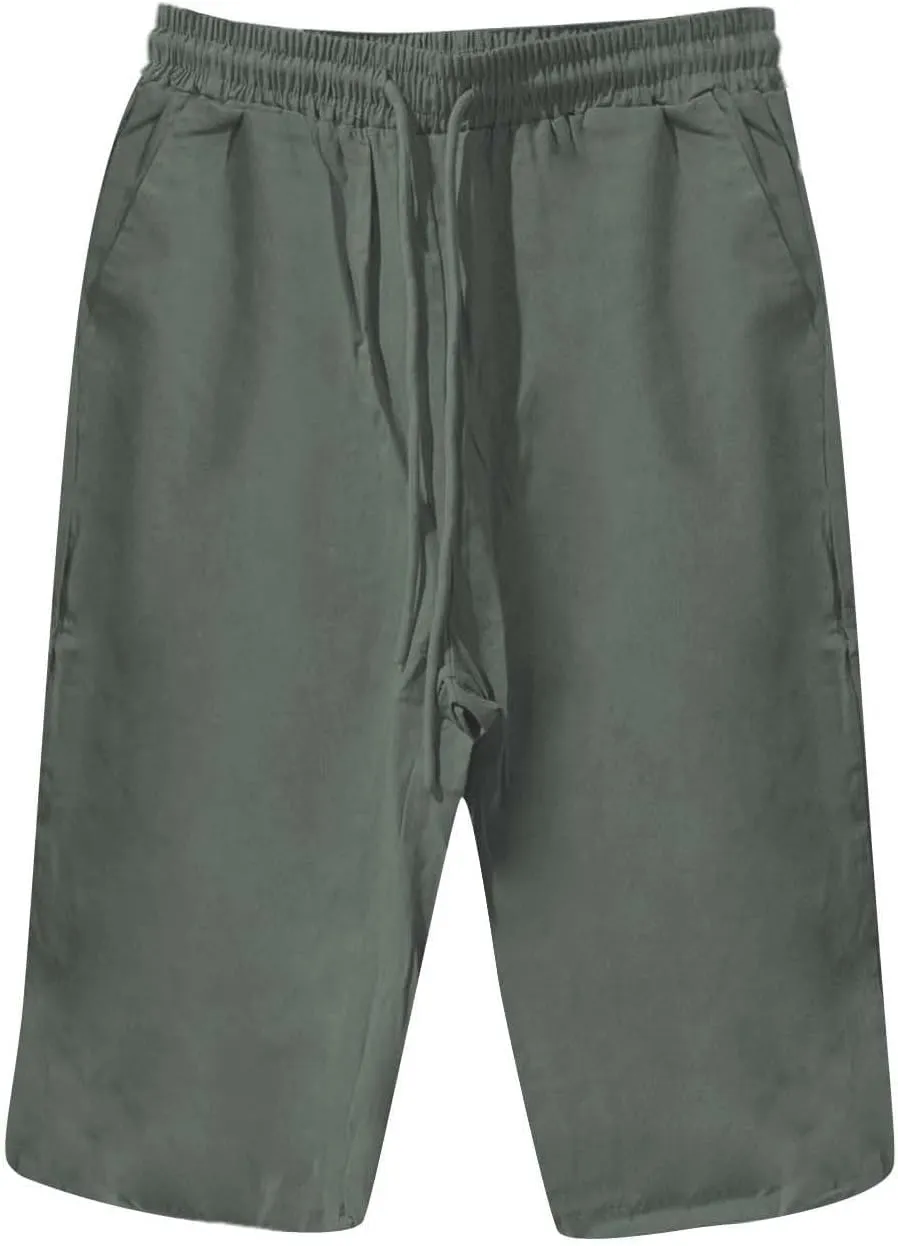 GOFULY Bermuda Shorts for Women Knee Length Cotton Linen Elastic Waist Drawstring Shorts Summer Capris Pants with Pockets