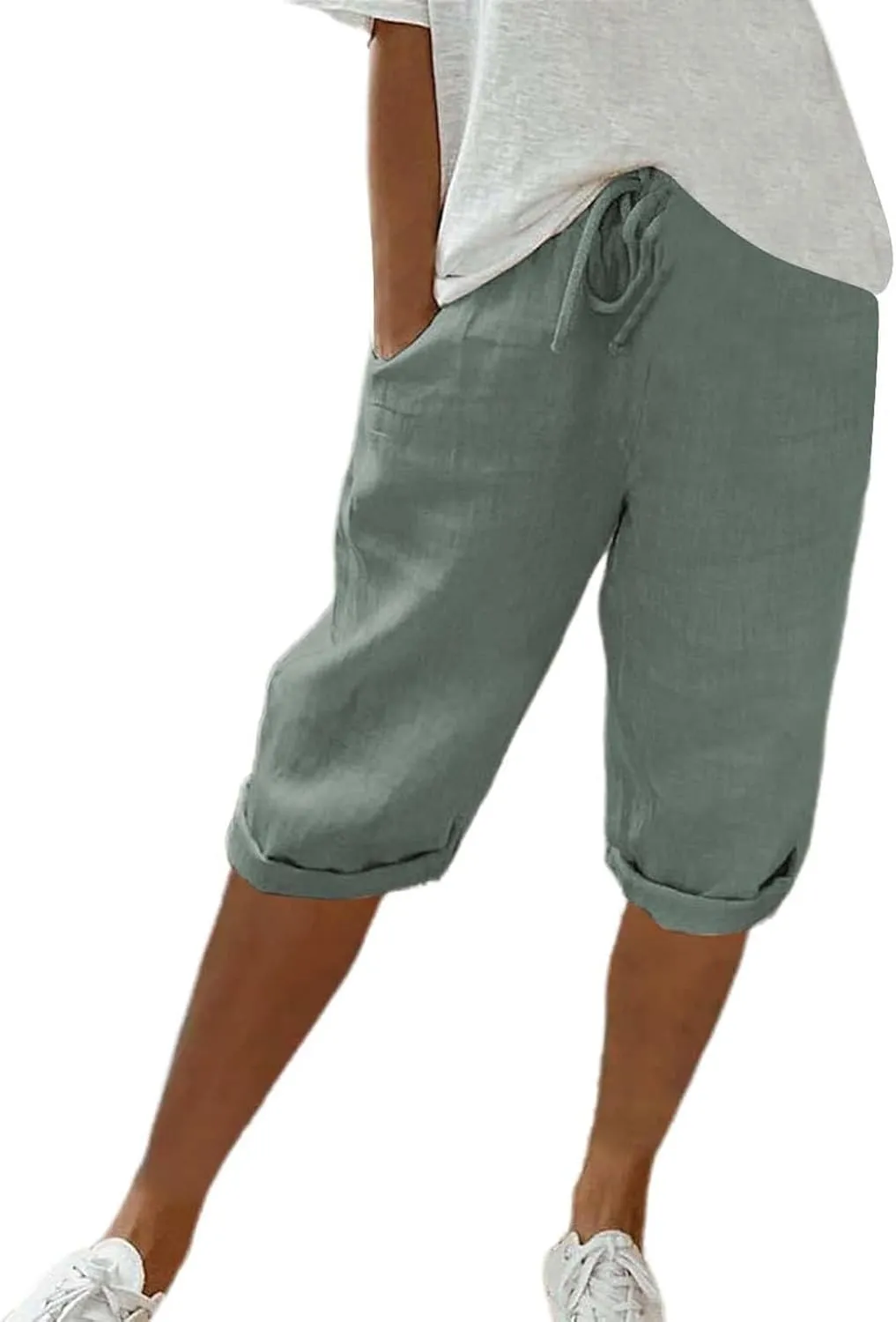 GOFULY Bermuda Shorts for Women Knee Length Cotton Linen Elastic Waist Drawstring Shorts Summer Capris Pants with Pockets