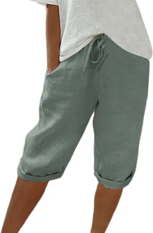 GOFULY Bermuda Shorts for Women Knee Length Cotton Linen Elastic Waist Drawstring Shorts Summer Capris Pants with Pockets